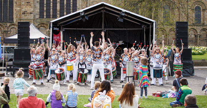 group of drummers performing at Durham World Heritage Site. 